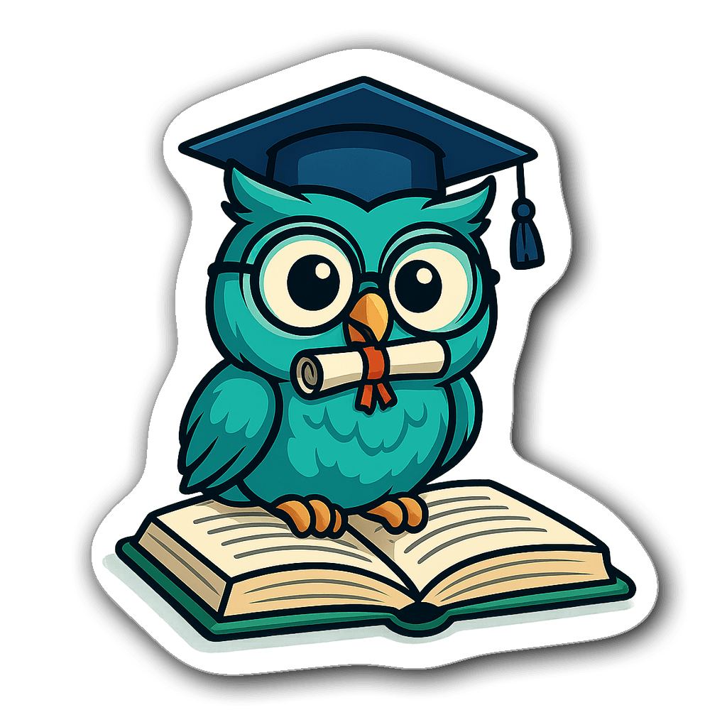 Cartoon owl in glasses and graduation cap on an open book