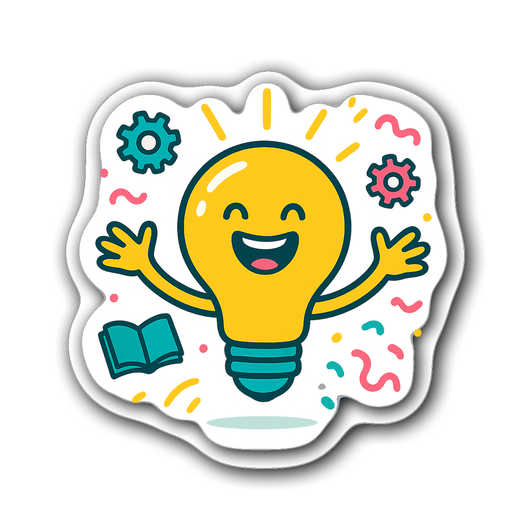 Cheerful cartoon light bulb sticker with vibrant colors and doodles