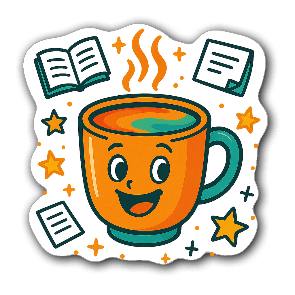 Animated coffee cup sticker with smile and colorful decor