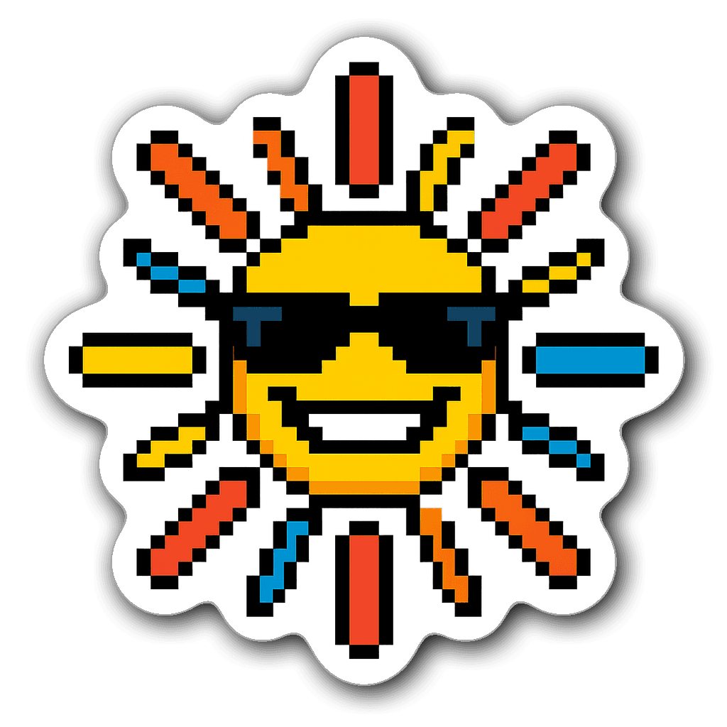 8-bit pixel art sun sticker with sunglasses and colorful rays
