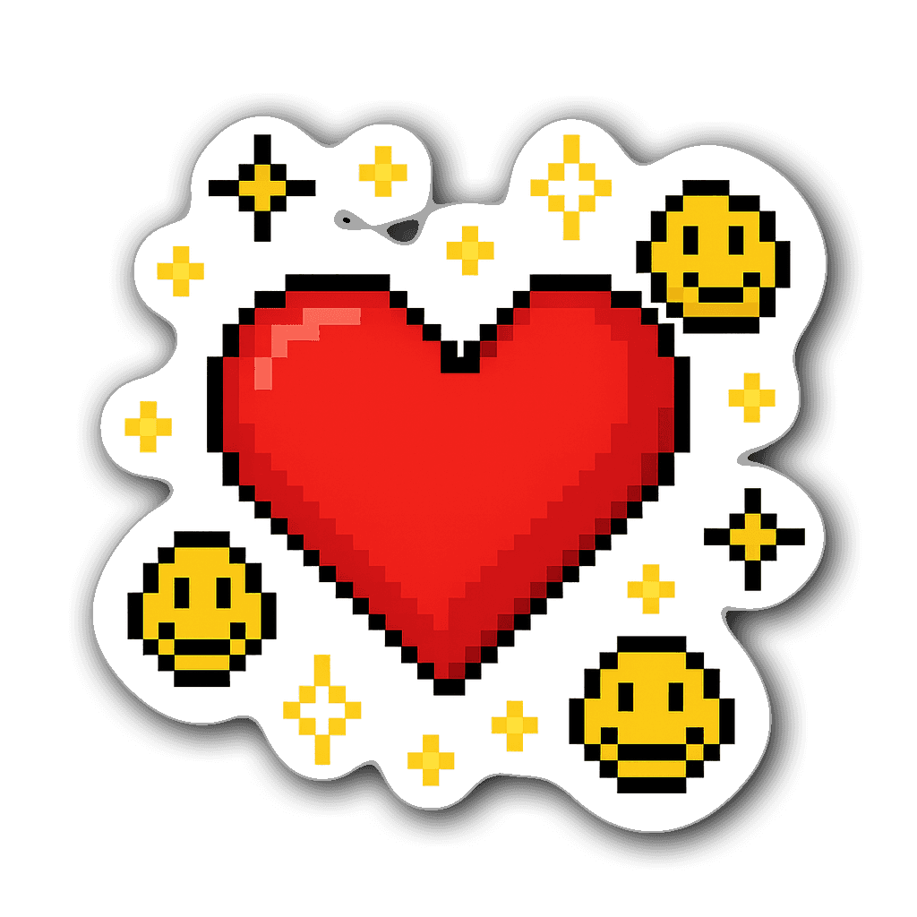 8-bit pixel art heart surrounded by stars and smiley faces