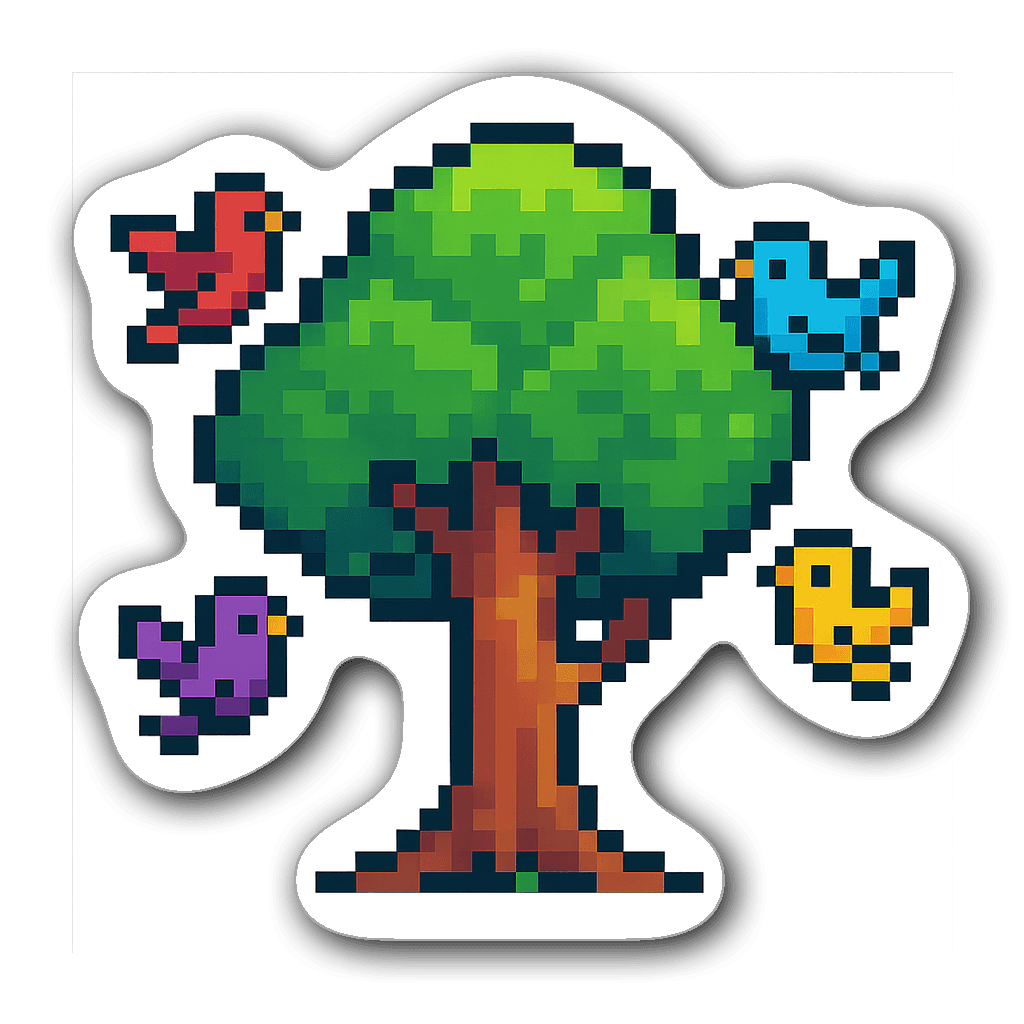 Pixel art tree surrounded by birds in vibrant colors