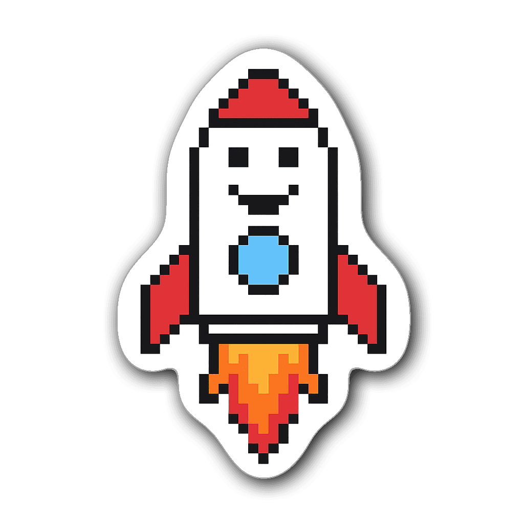 Playful pixel art rocket ship with colorful flames