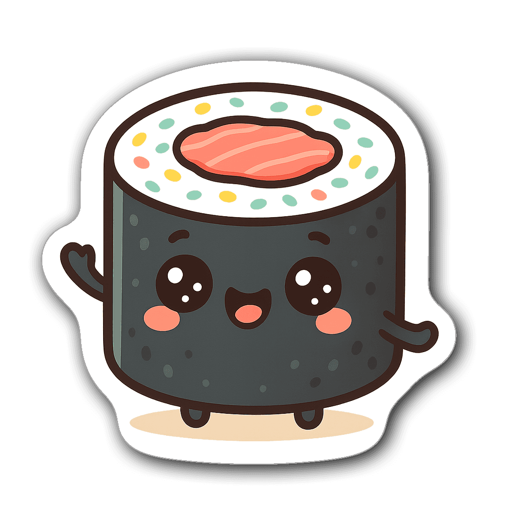 Kawaii sushi roll sticker with big eyes and colorful details
