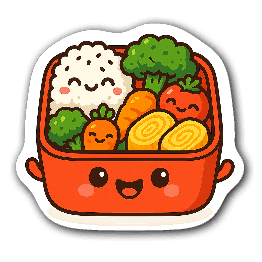 Kawaii bento box overflowing with colorful food and smiling face.