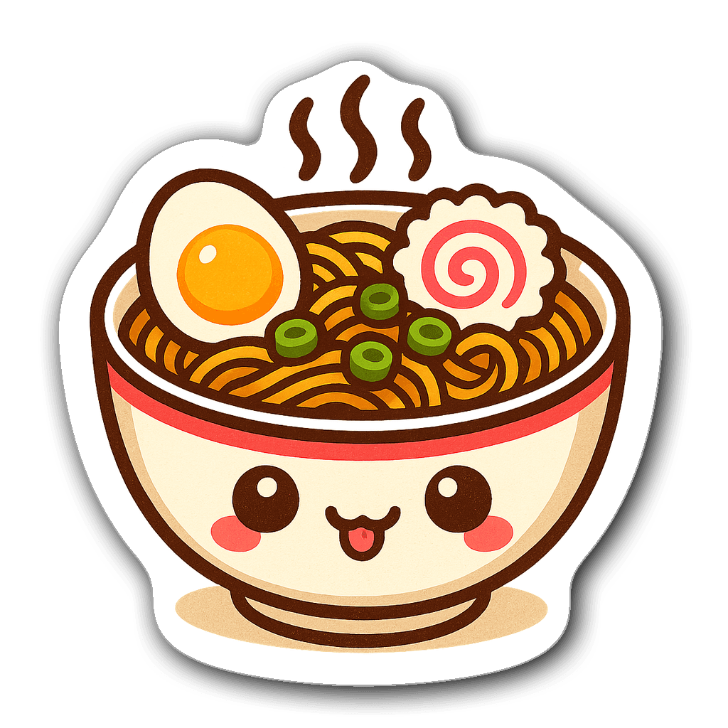 Kawaii ramen bowl sticker with cute eyes and toppings