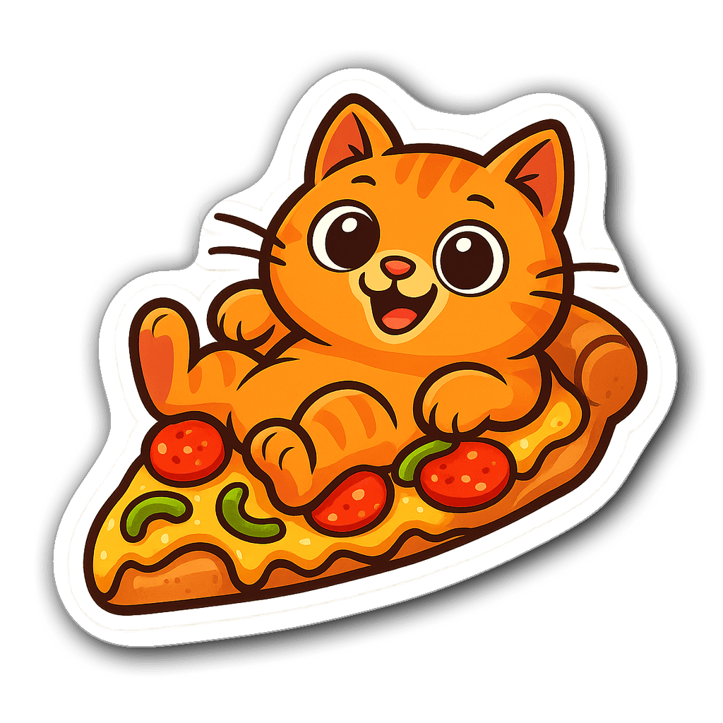 Cute orange cat lounging on a slice of pizza sticker