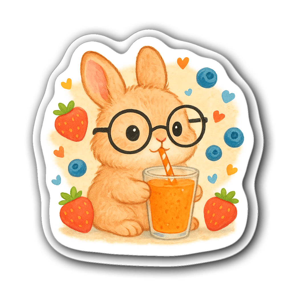 Cute cartoon fluffy bunny in glasses with fruit elements