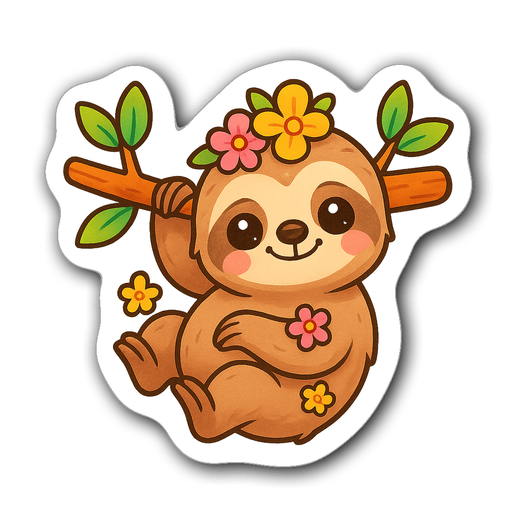 Cute baby sloth sticker with flowers and branch design
