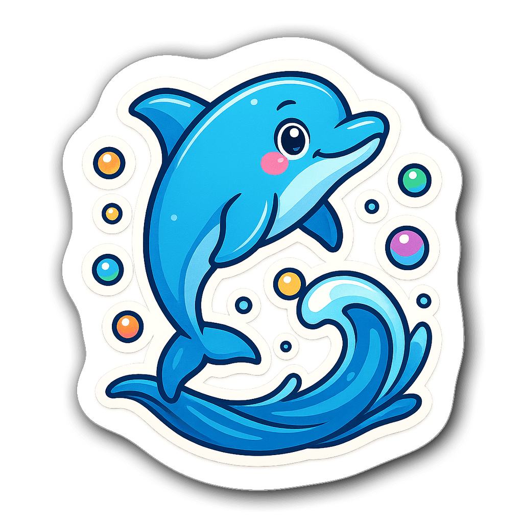 Playful blue dolphin sticker in comic book pop art style