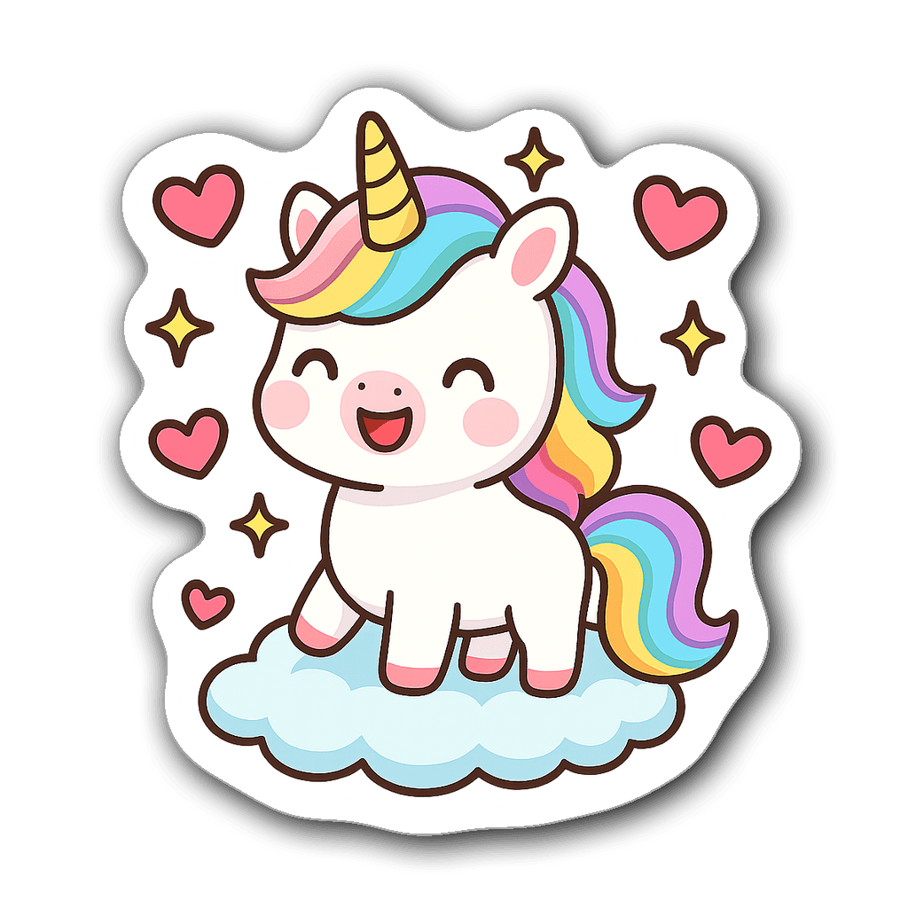 Kawaii unicorn with pastel rainbow mane on fluffy cloud