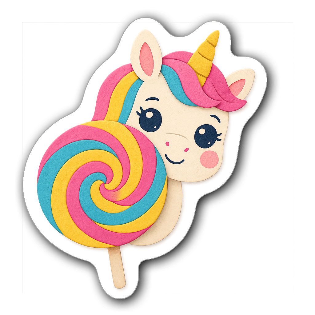 Kawaii unicorn head behind a rainbow lollipop sticker