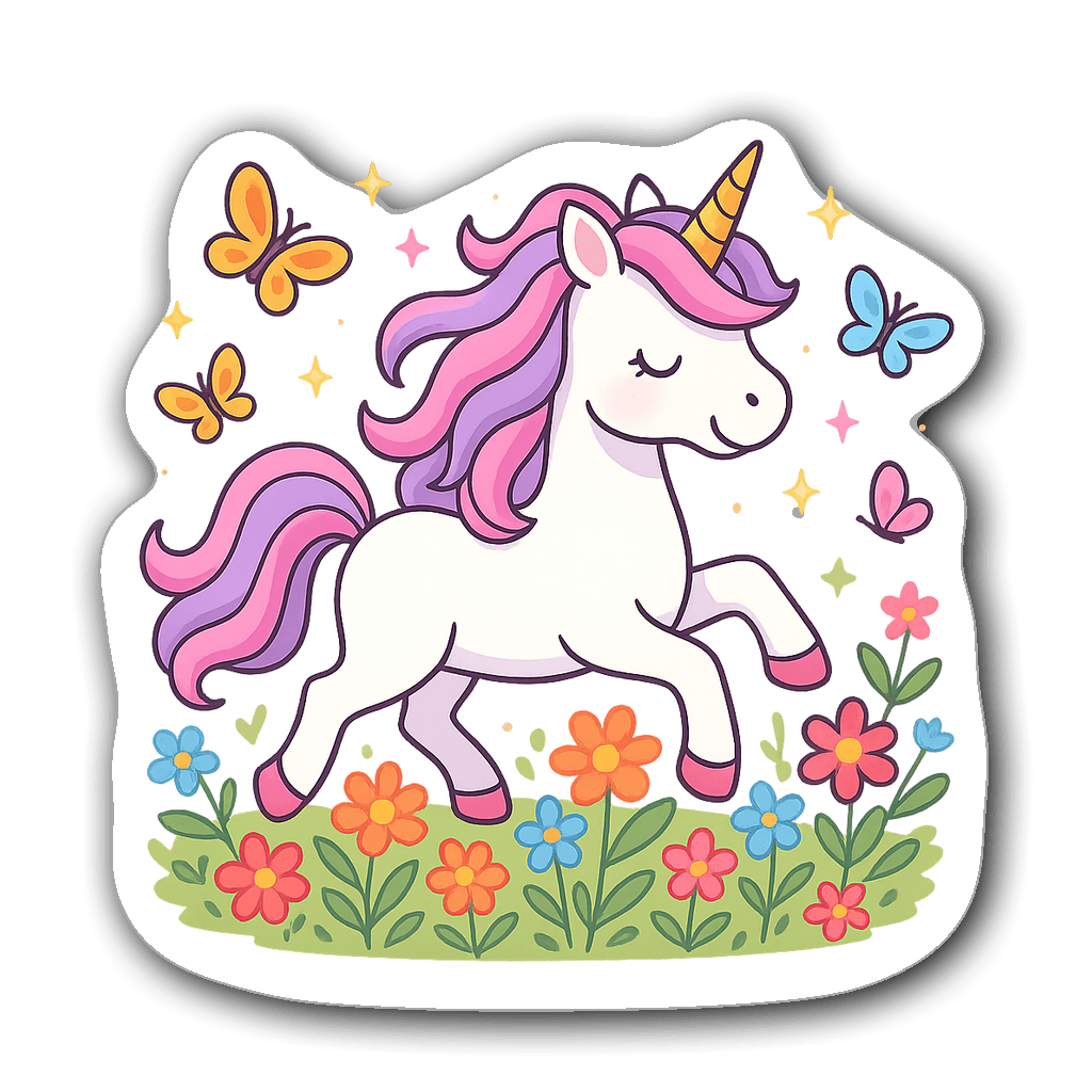 Adorable unicorn prancing among colorful flowers with butterflies