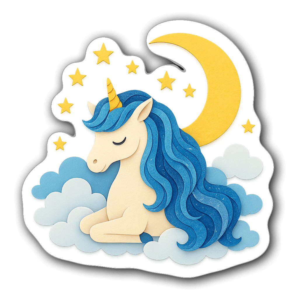 Dreamy unicorn under a crescent moon with stars and clouds