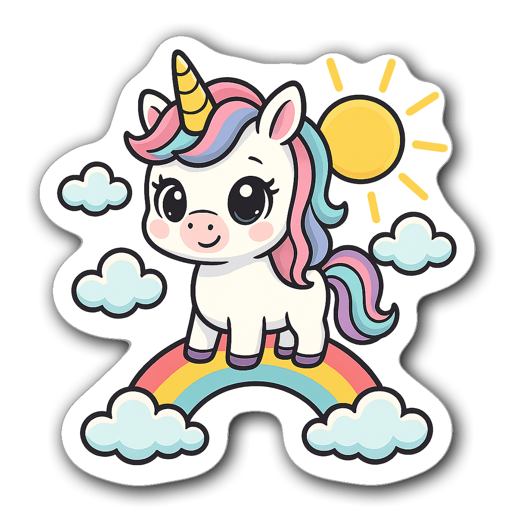 Chibi unicorn standing on a rainbow surrounded by clouds