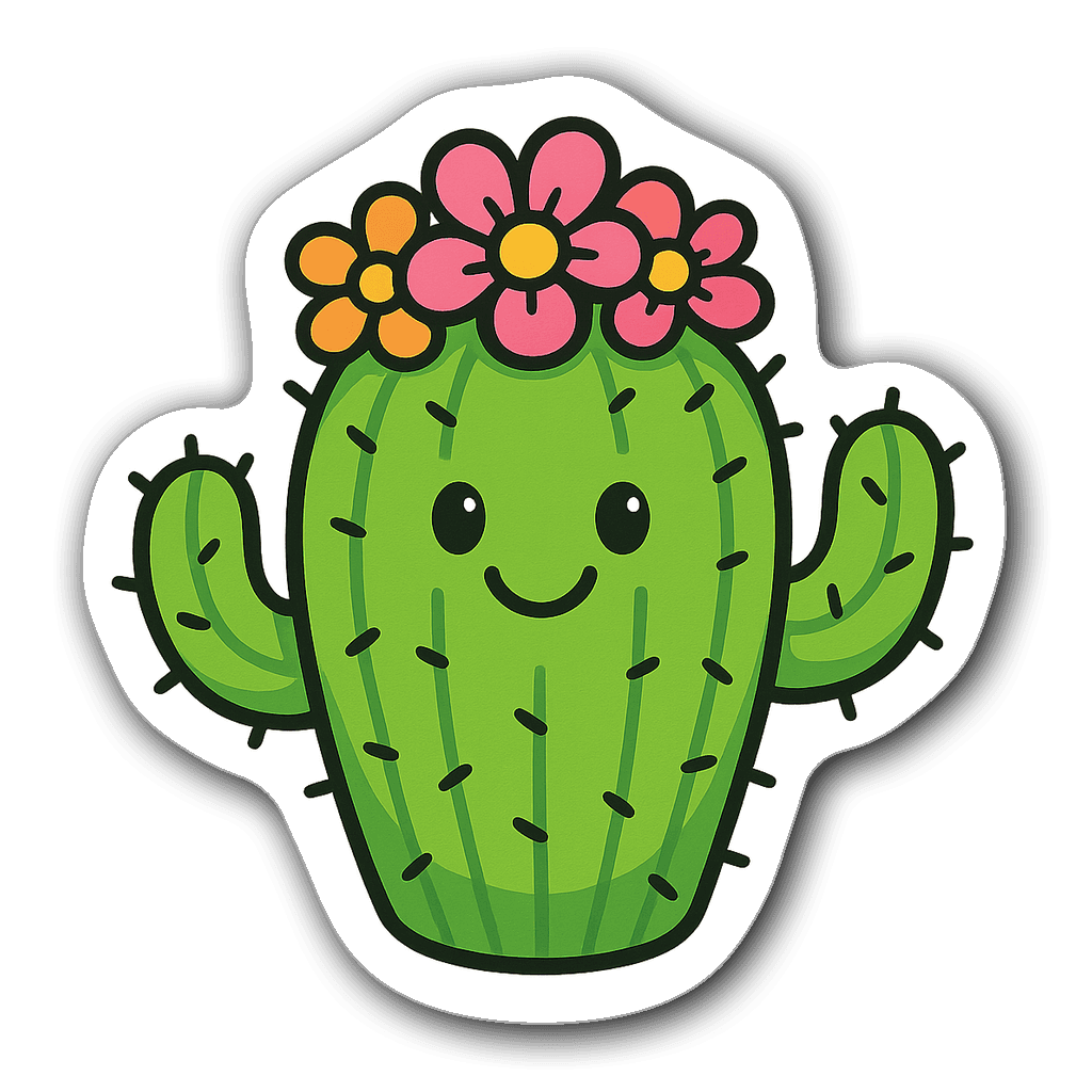 A whimsical cactus character with flowers, smiling face and bright colors