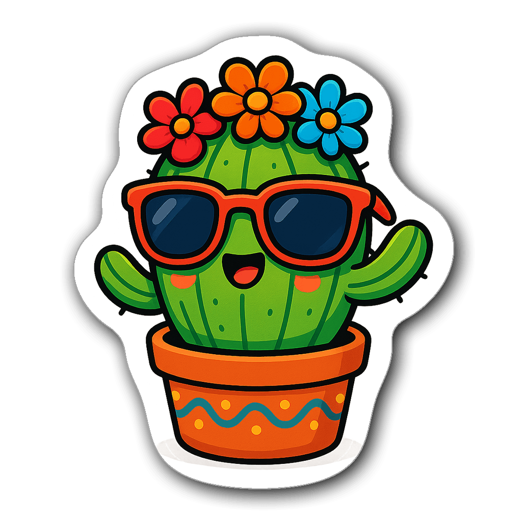 Kawaii chibi-style cactus wearing sunglasses, colorful flowers