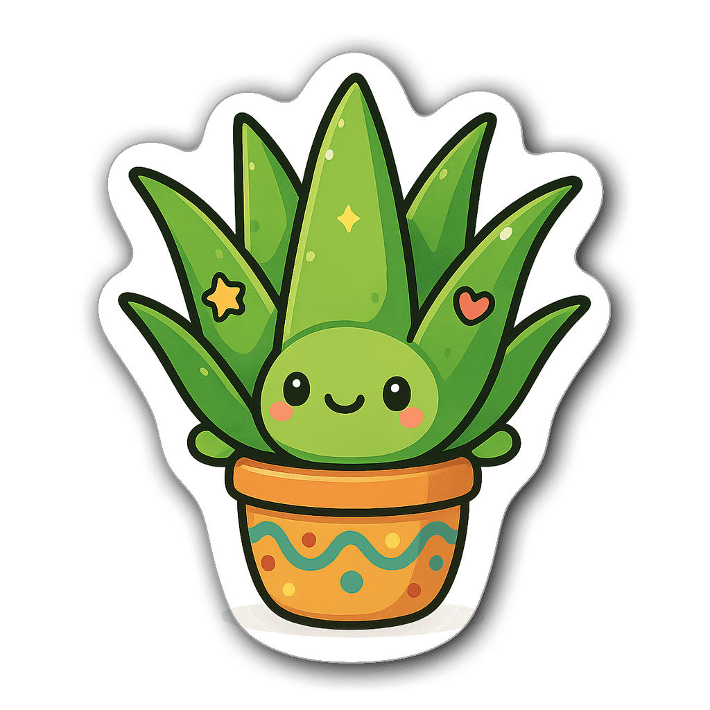 Kawaii chibi style aloe vera plant sticker with smile and stars