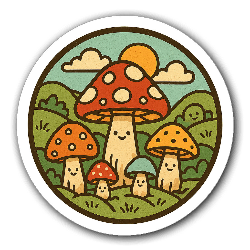 Cute cartoon-style mushroom village scene with critters