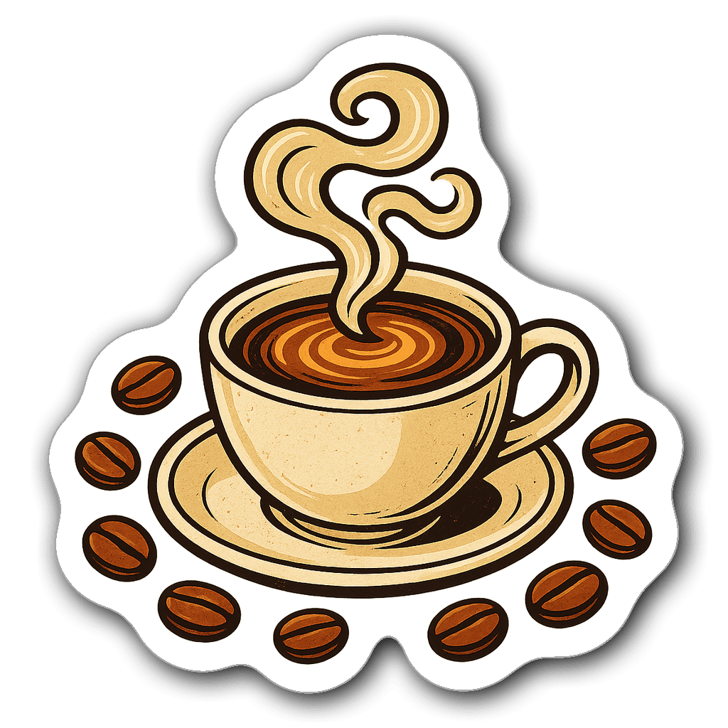 Steaming coffee cup sticker with floral patterns on transparent background