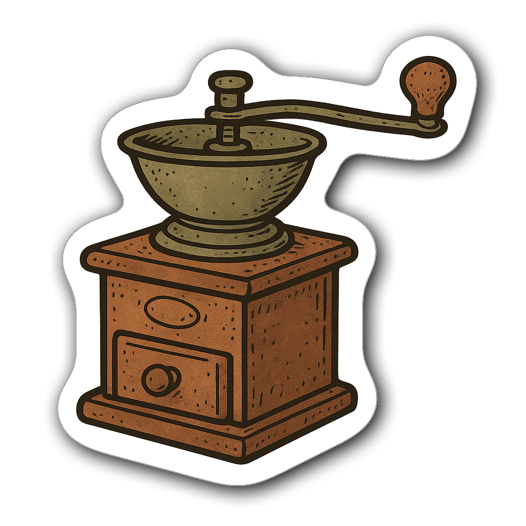 Quirky coffee grinder sticker in earthy colors with transparent background