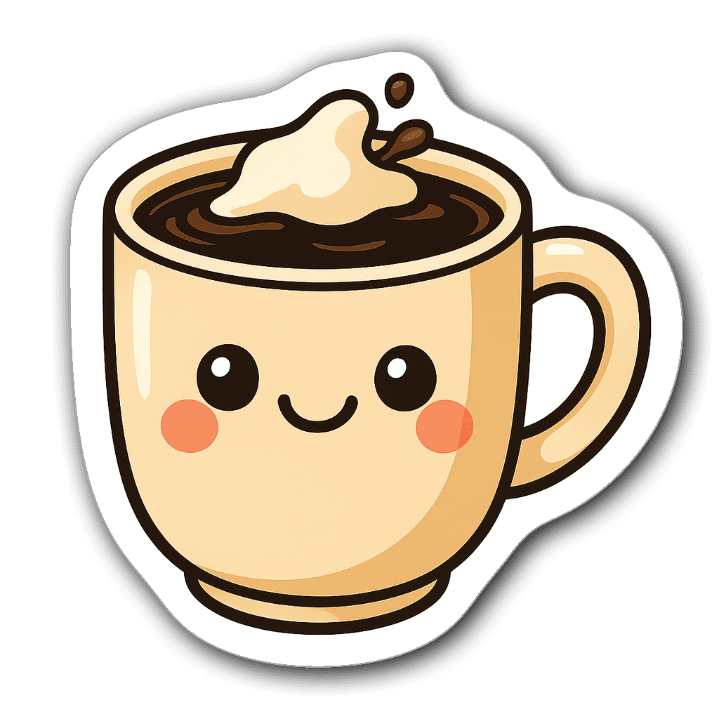 Adorable smiling coffee mug sticker with cartoon eyes and rosy cheeks