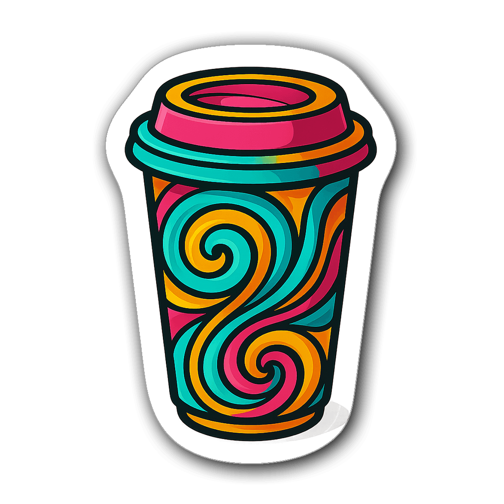 Vibrant to-go coffee cup sticker with colorful patterns