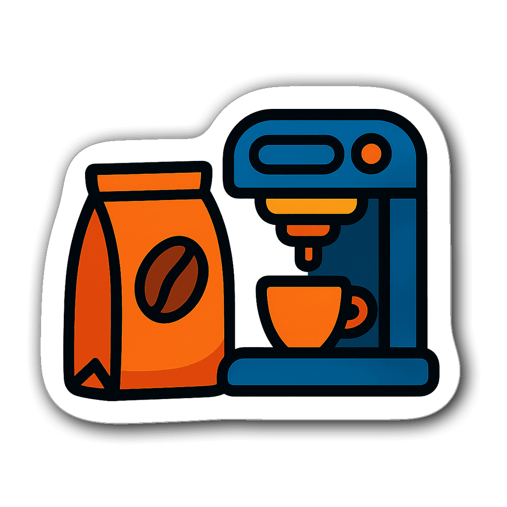 A sticker depicting a cozy coffee shop scene with a coffee bean bag and espresso machine