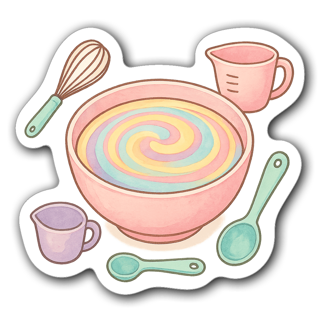 Pastel watercolor baking illustration with mixing bowl and utensils