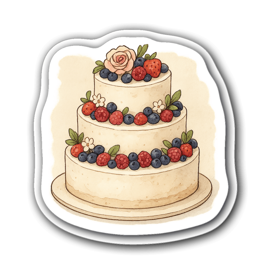 Elegant tiered cake with berries and flowers illustration