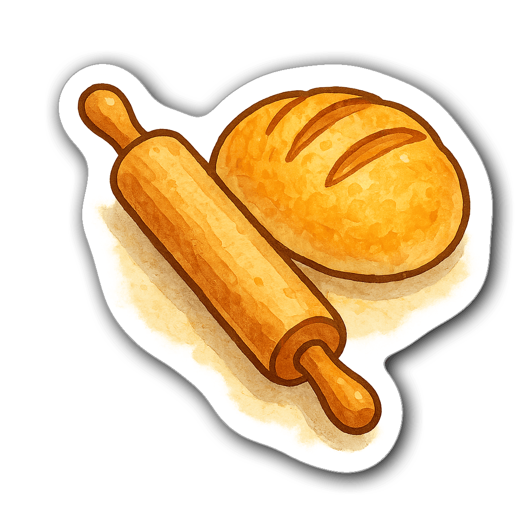 Vintage rolling pin and fluffy loaf of bread illustrated sticker