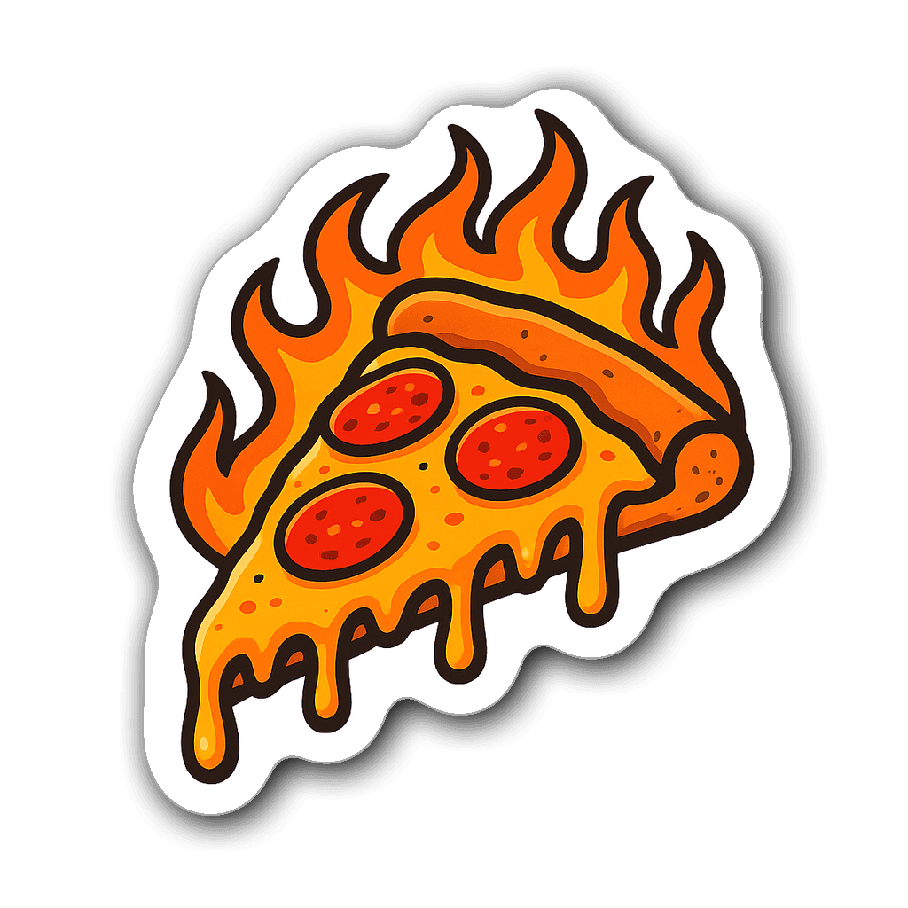 Vibrant pepperoni pizza sticker with flames and bright colors.