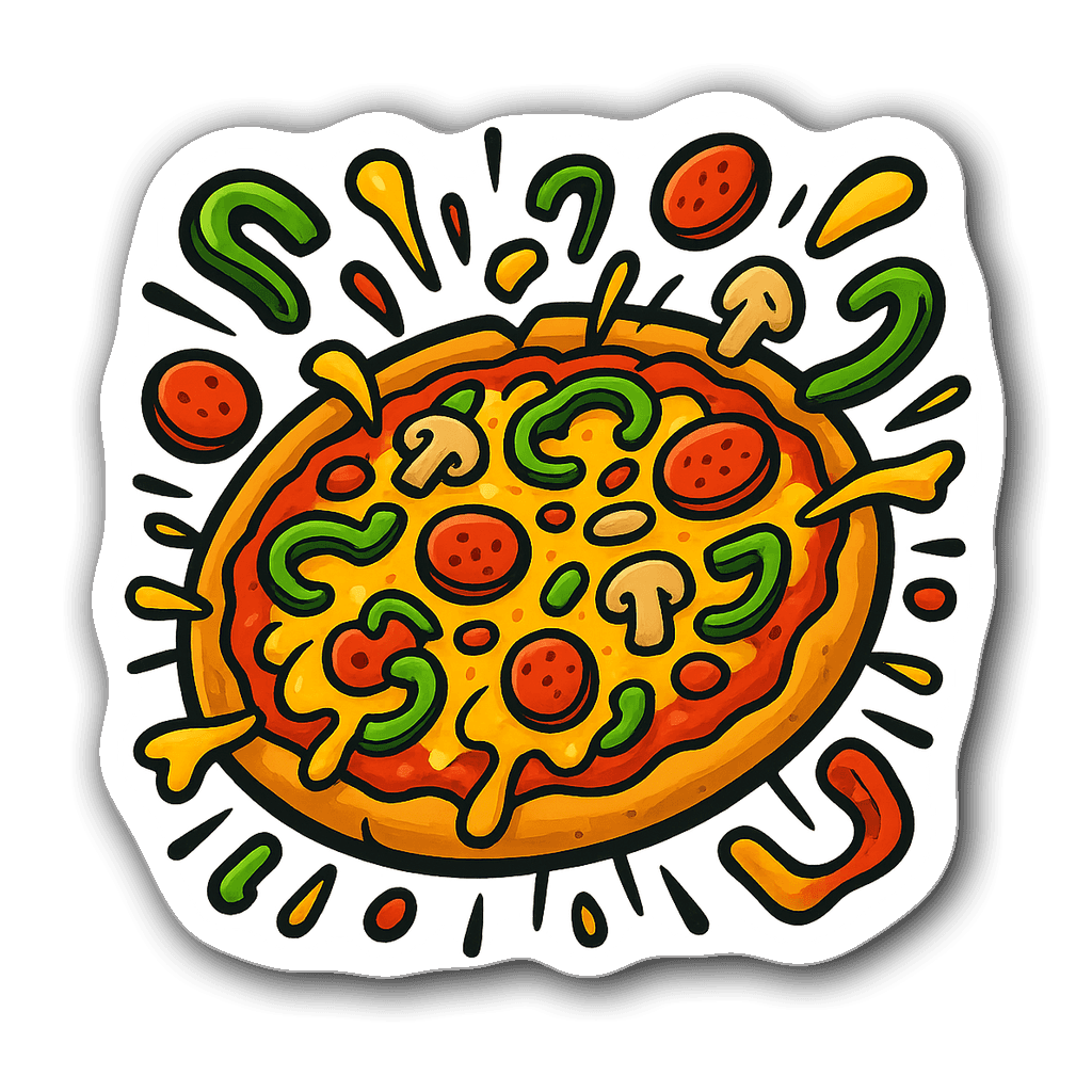 Graffiti pizza sticker with exploding toppings and vibrant colors