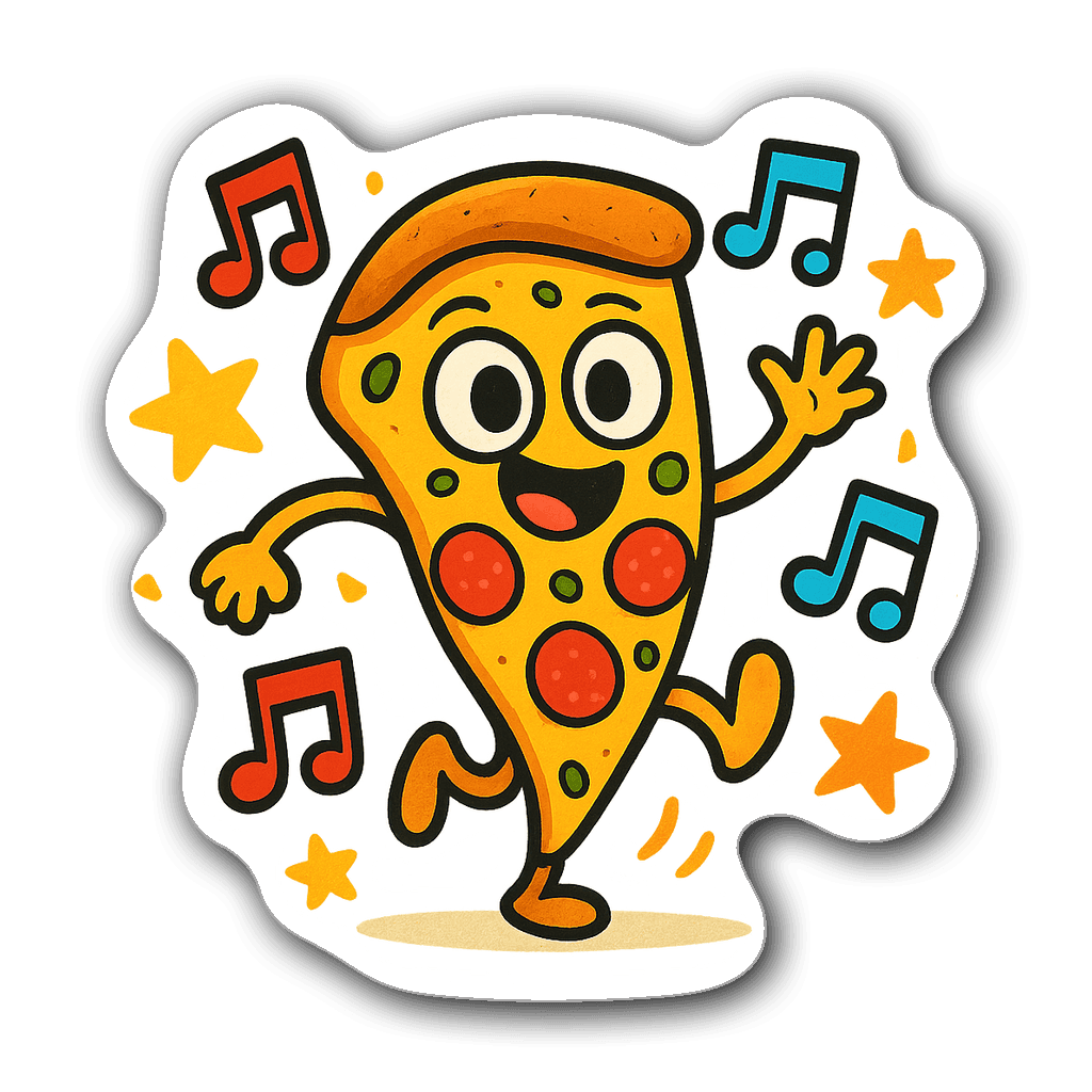 Cute anthropomorphic pizza slice dancing with music notes and stars.