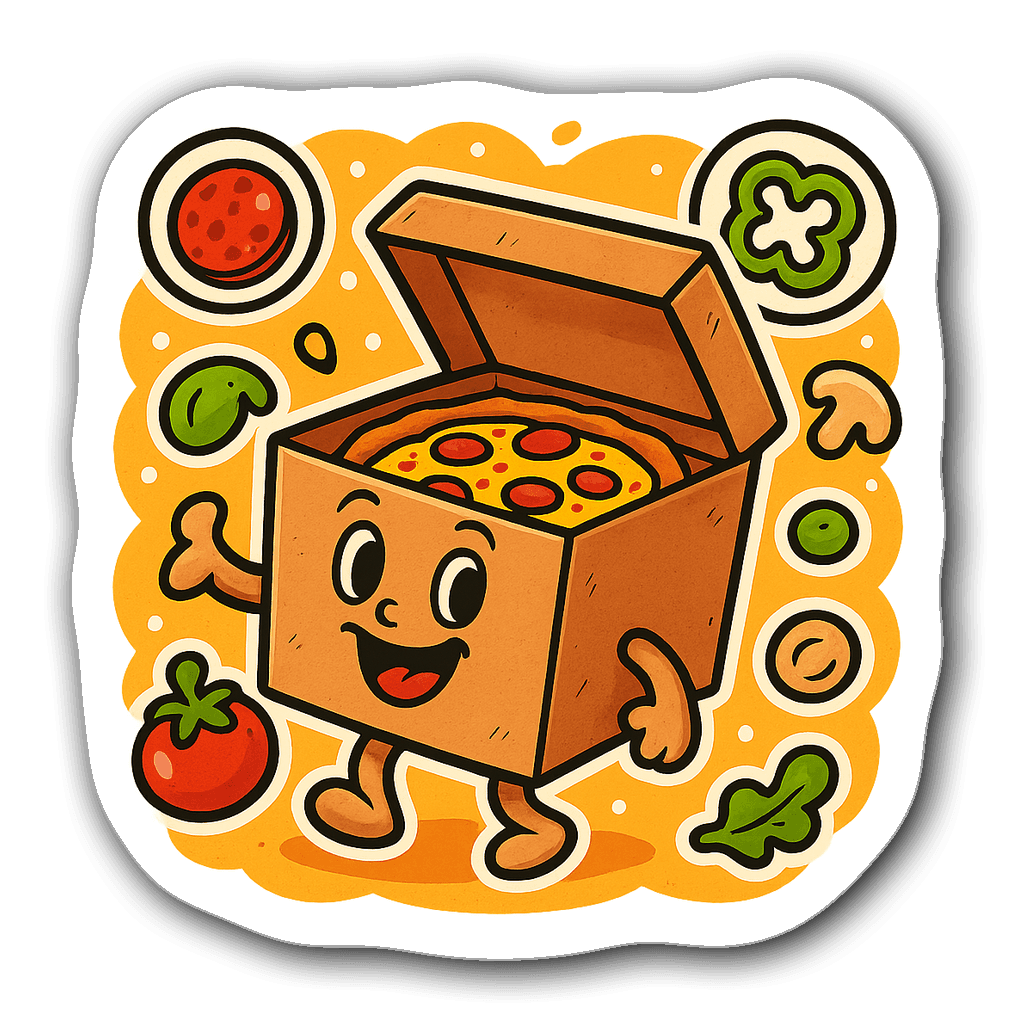 Whimsical pizza box character revealing cheesy pizza with toppings