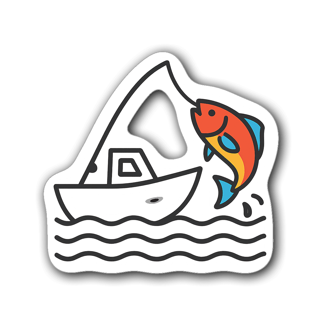 Minimalist fishing boat line art sticker with vibrant fish