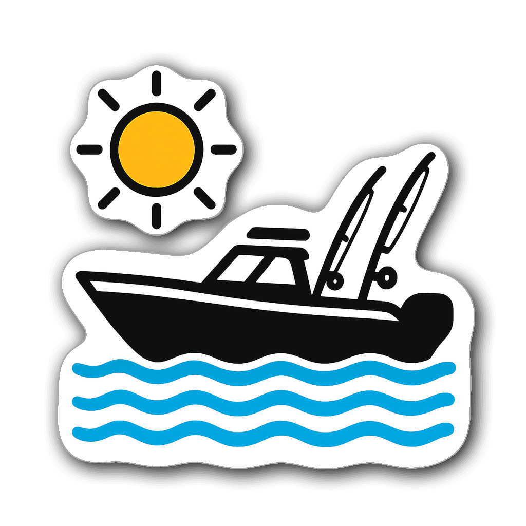Minimalist fishing boat sticker with vibrant colors and sun