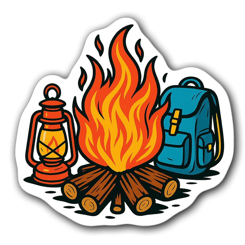 Comic book style campfire sticker with camping gear