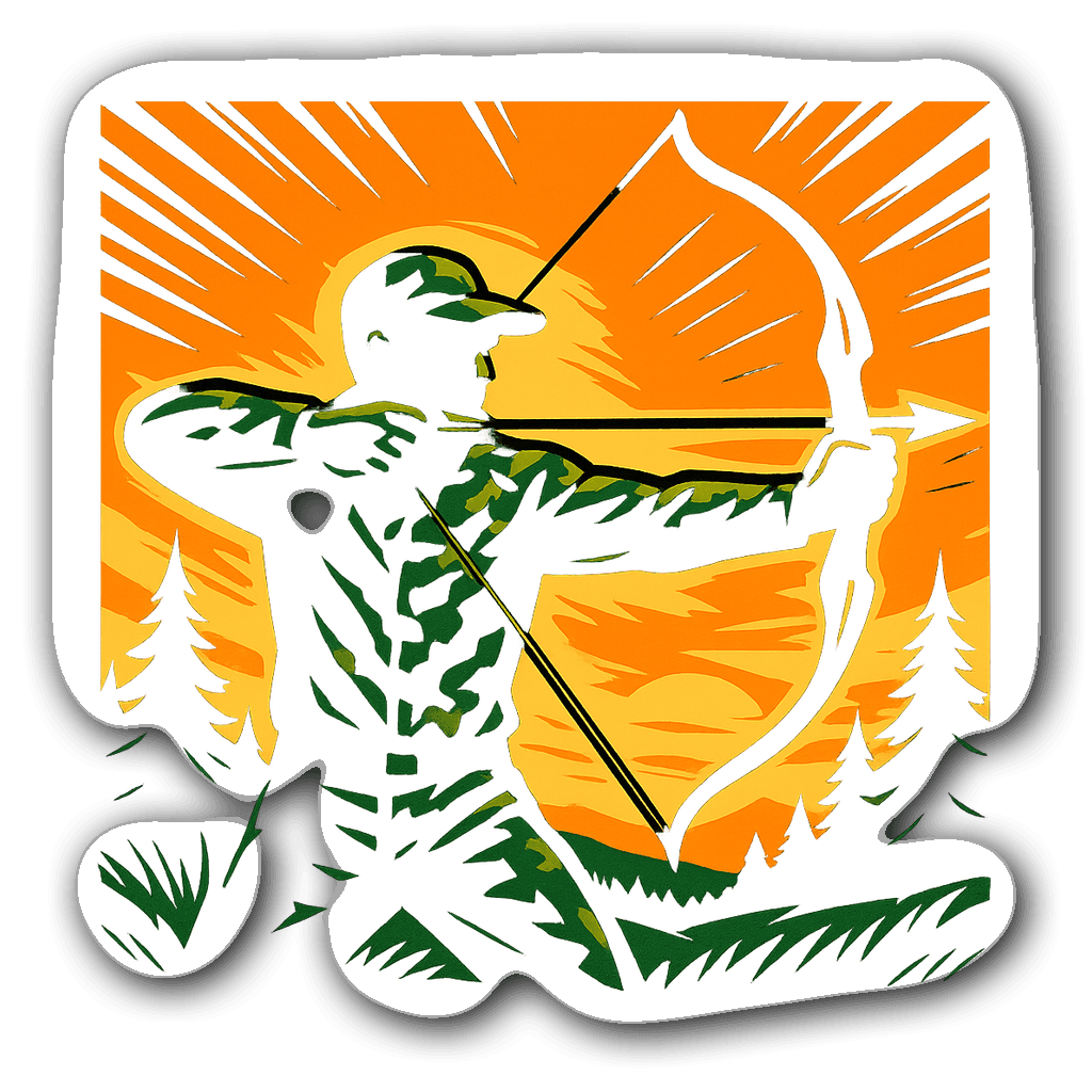 Comic book style hunting decal with hunter silhouette and sunset
