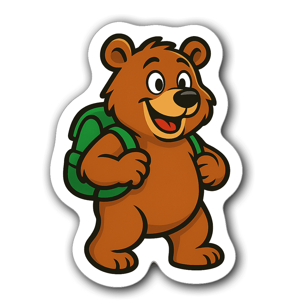 Adventurous bear with a backpack truck decal in bright colors