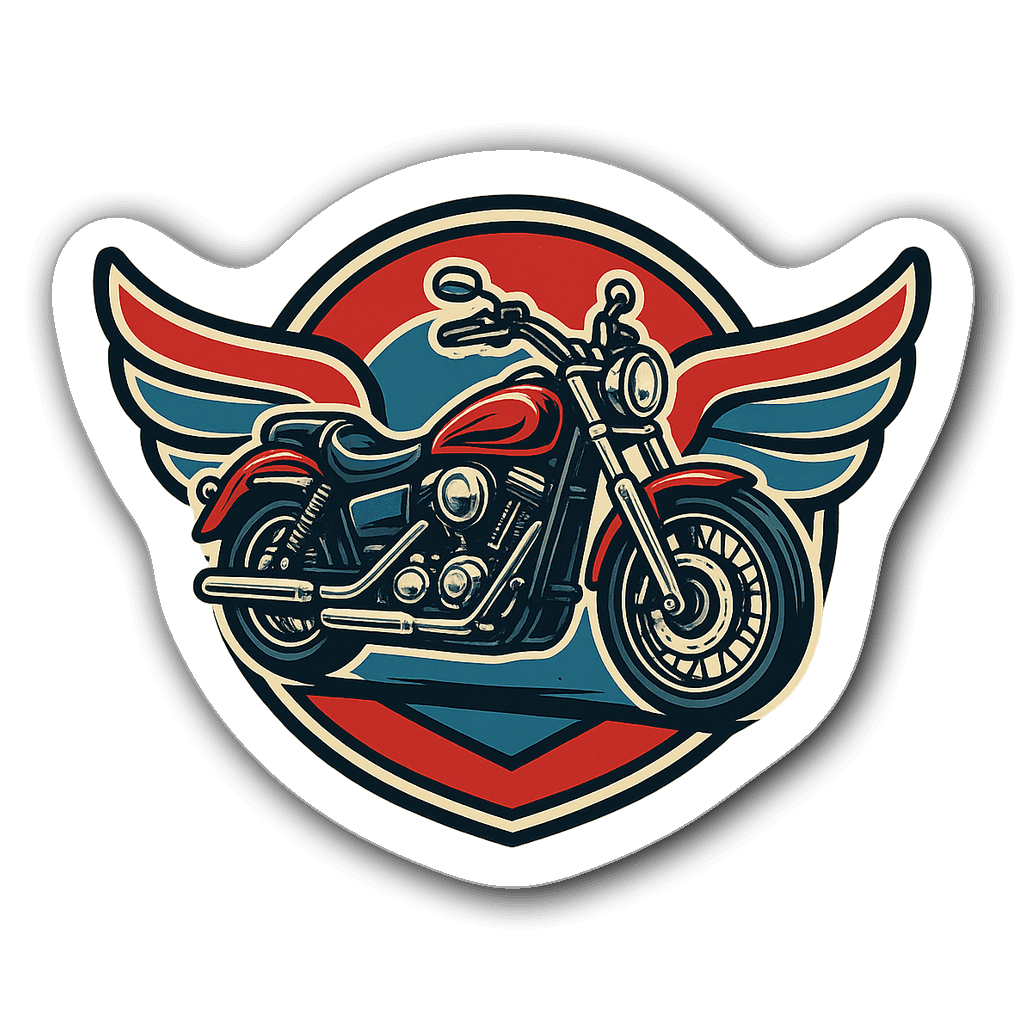 Retro motorcycle badge sticker with chrome accents and wings
