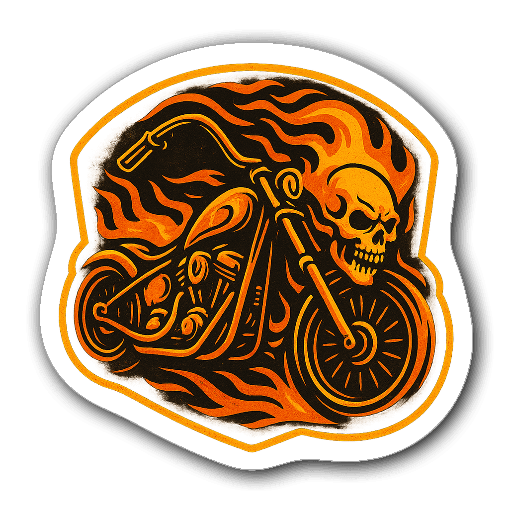 Vintage chopper motorcycle sticker with skull and bright colors