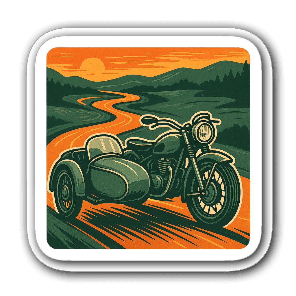 Vintage motorcycle touring scene with sidecar sticker