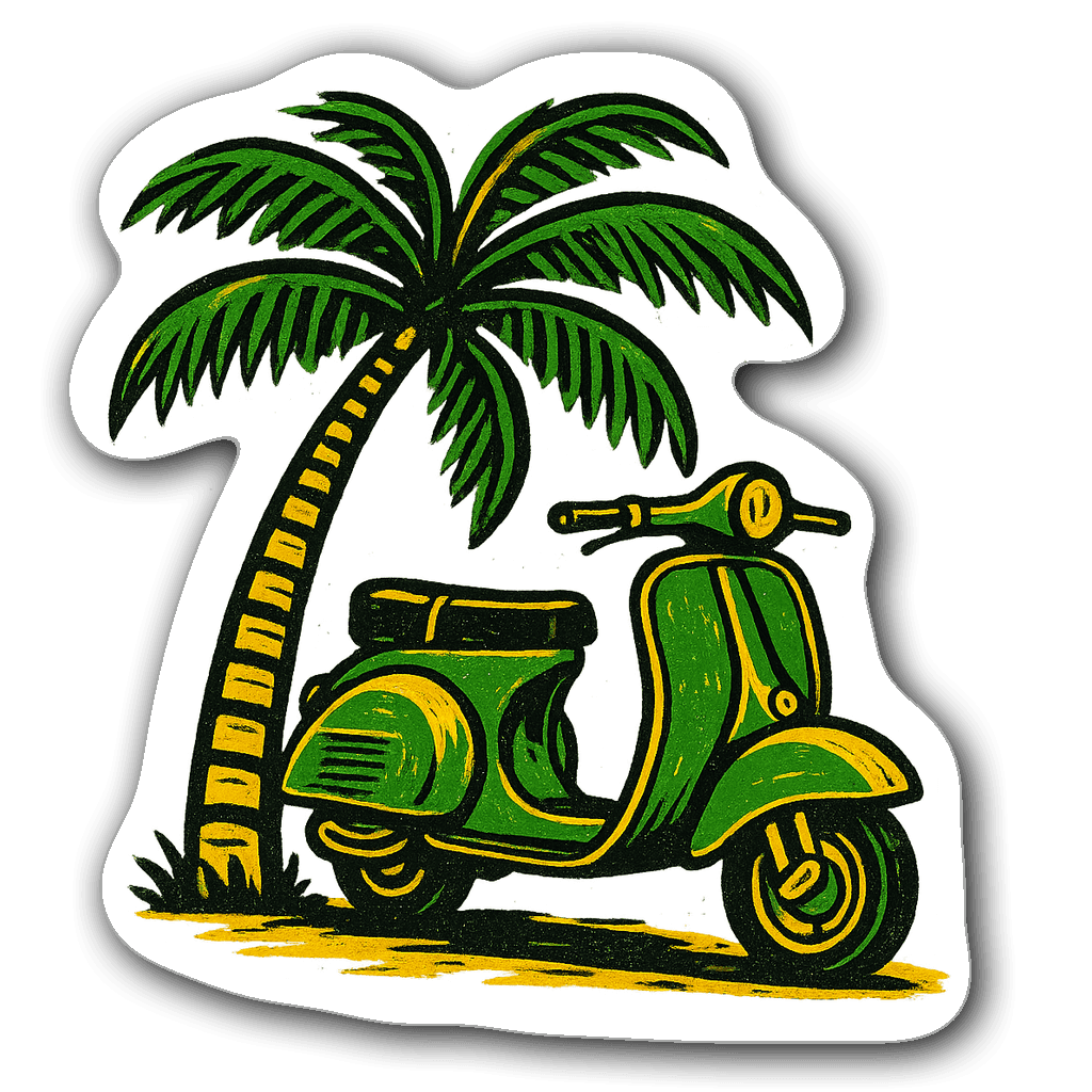 Vespa scooter die-cut sticker with palm tree in linocut style