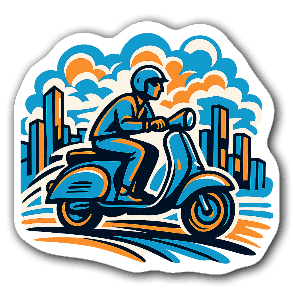 Vespa scooter riding through an abstract cityscape