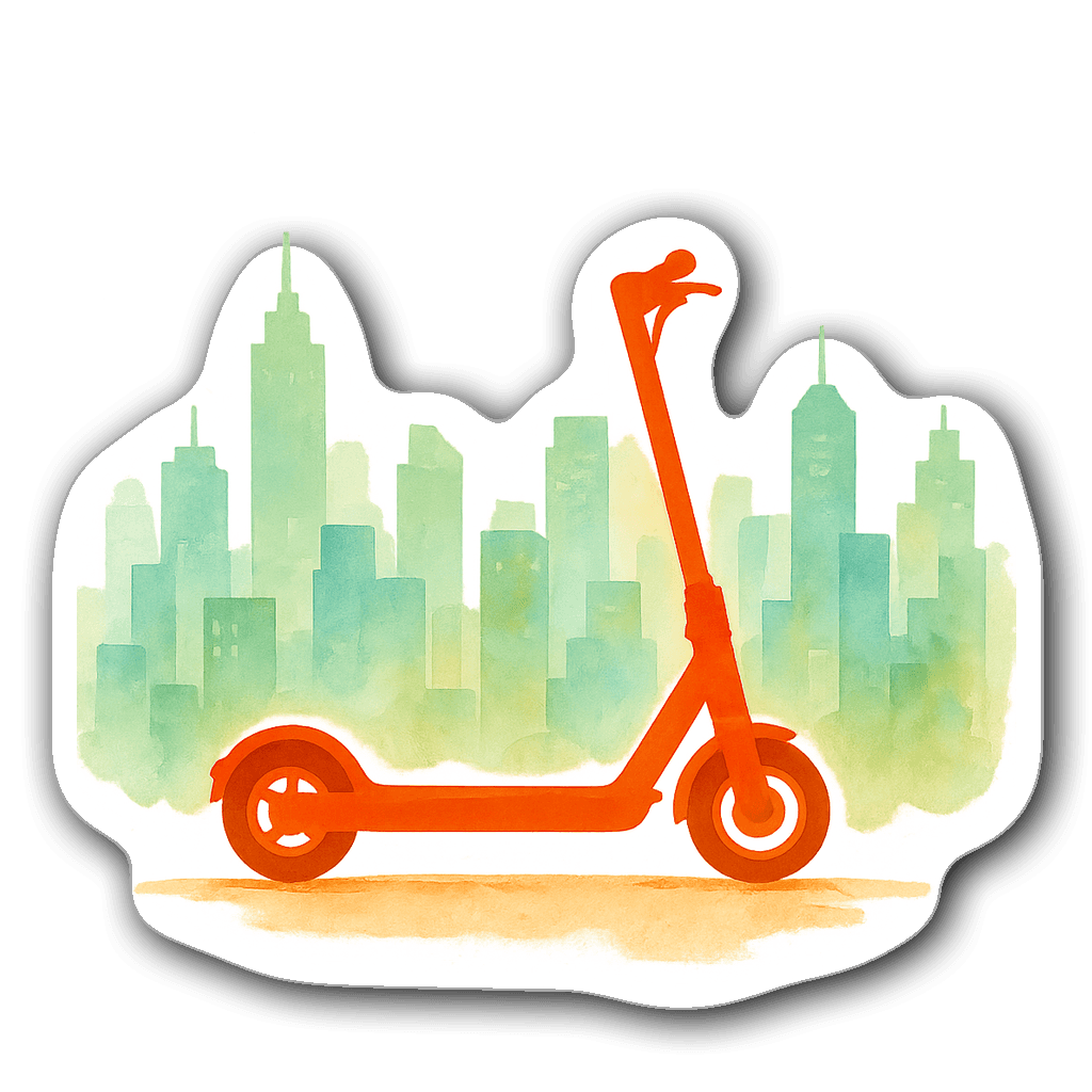 Watercolor illustration of an electric scooter with cityscapes