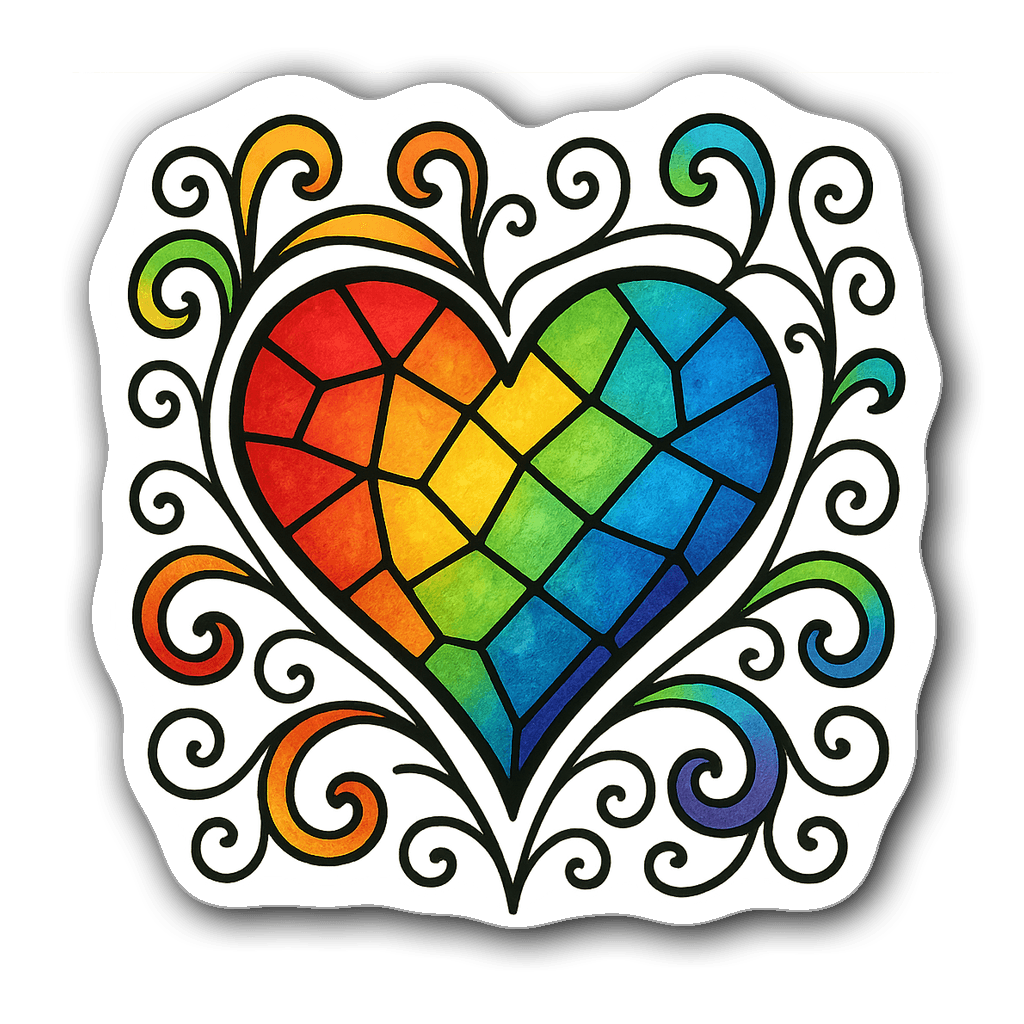 Vibrant stained glass heart sticker with rainbow colors