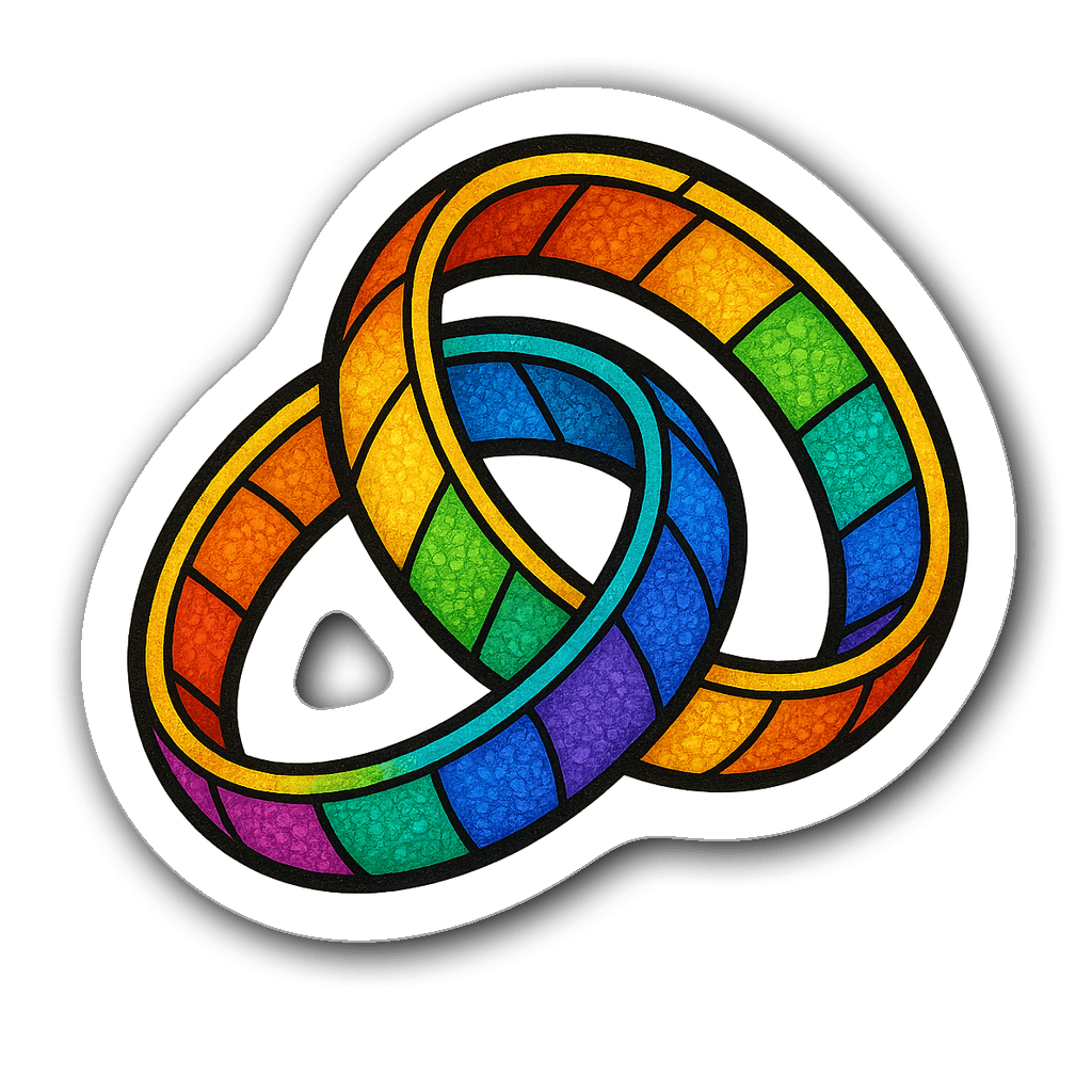 Stained glass sticker of intertwined wedding rings in rainbow colors