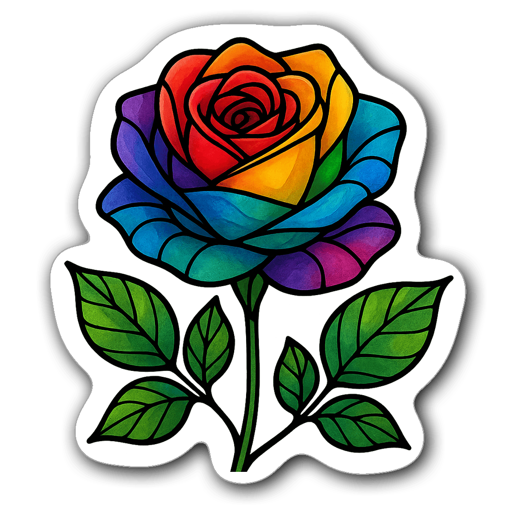 Vibrant stained glass rose sticker with rainbow colors