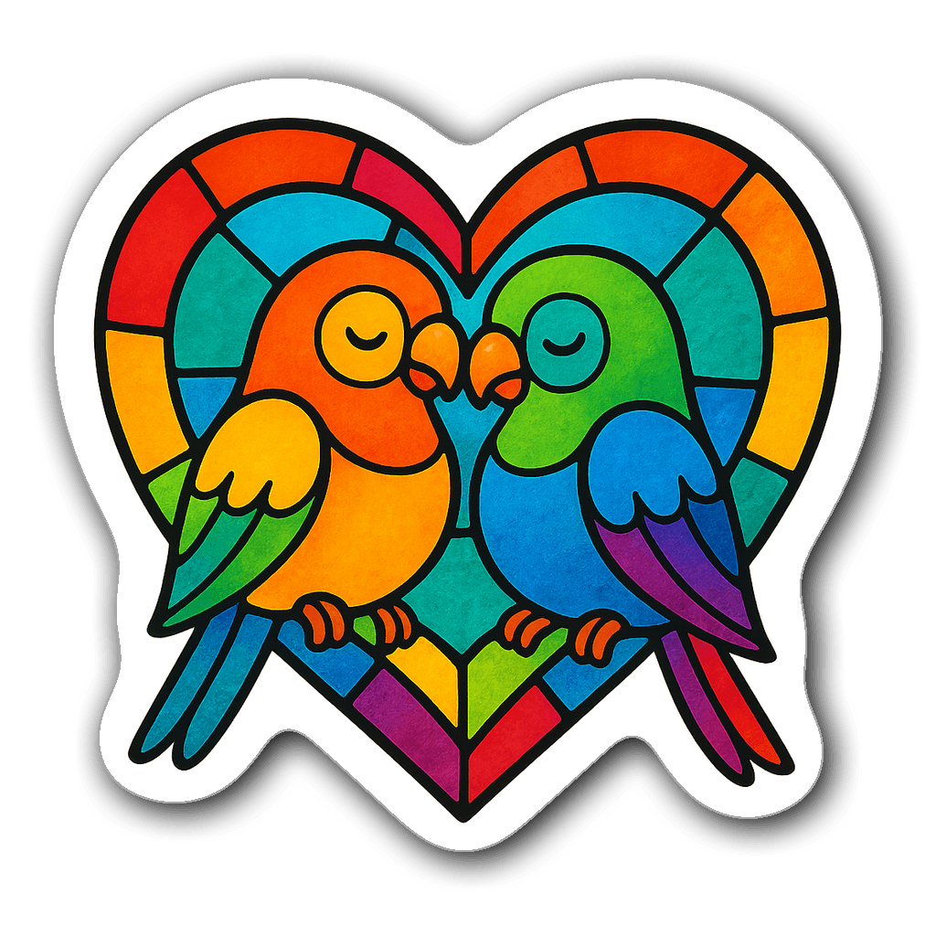 Whimsical rainbow lovebirds inside a stained glass heart sticker